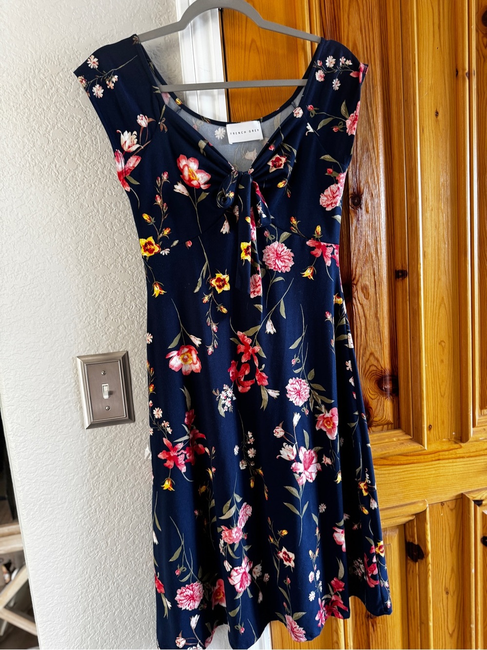 French Grey Navy Floral Tie-Front Midi Dress